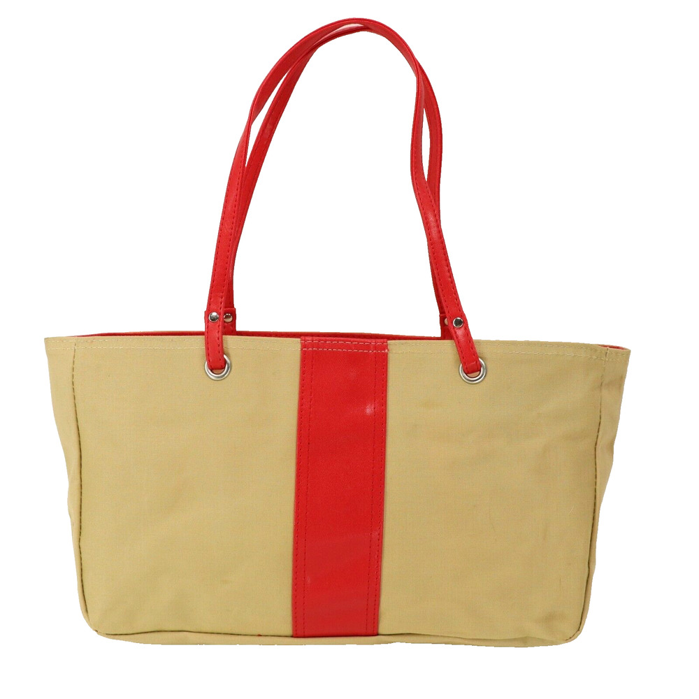 Classic Lancome Tote Bag Small Beige Patent Red Stripe Vinyl Shoulder Handbag
